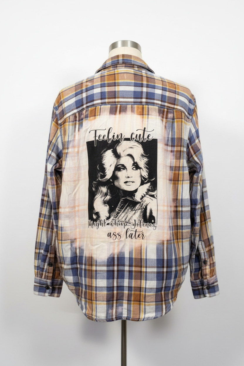Trestles Clothing Company upcycled flannel featuring a bleached back panel with a Dolly Parton graphic print